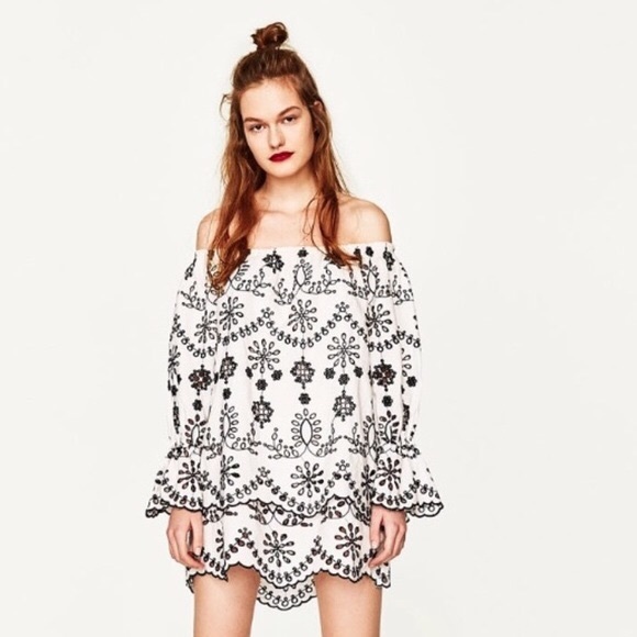 zara black and white embroidered dress